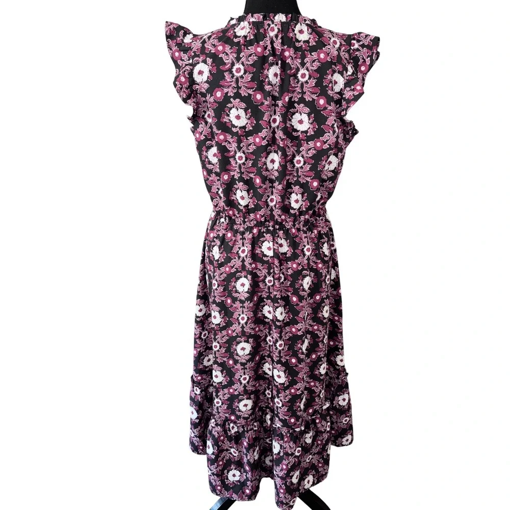 LOFT Women Small Black Purple Floral Ruffle Midi Dress Boho‎ Romantic